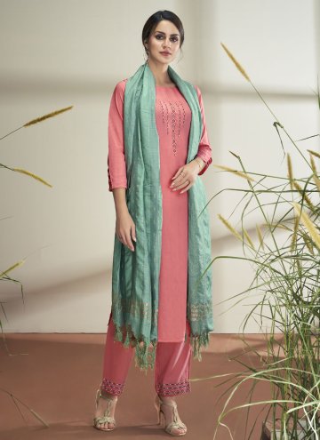 Pink color Embroidered Faux Chiffon Pant Style Suit