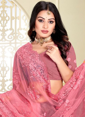Pink color Embroidered Net Contemporary Saree