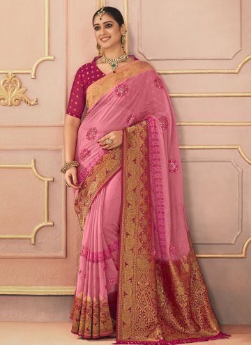 Pink color Embroidered Silk Contemporary Saree