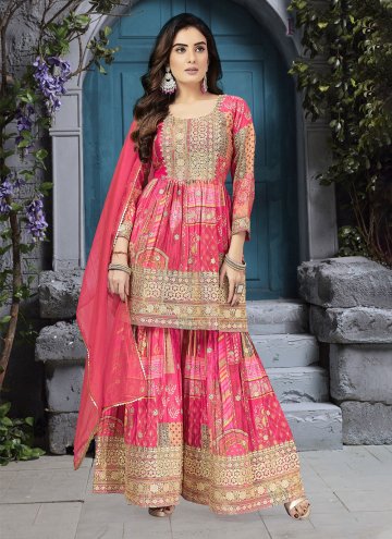 Pink color Embroidered Silk Palazzo Suit