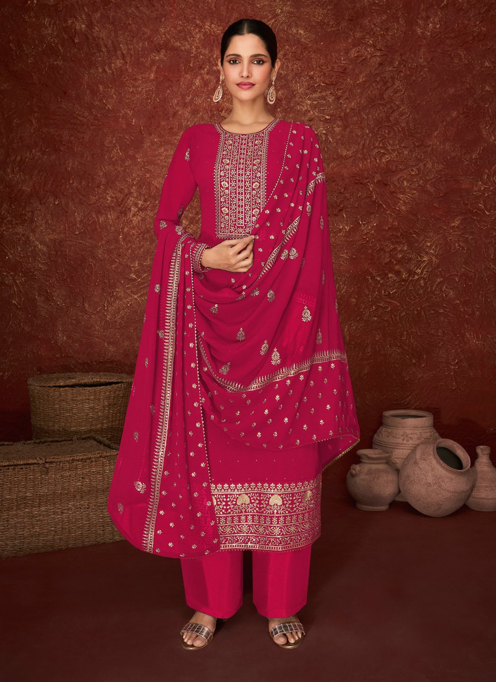 Pink color Faux Georgette Designer Pakistani Salwar Suit with Embroidered