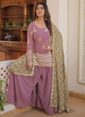 Pink color Faux Georgette Palazzo Suit with Embroidered - 1