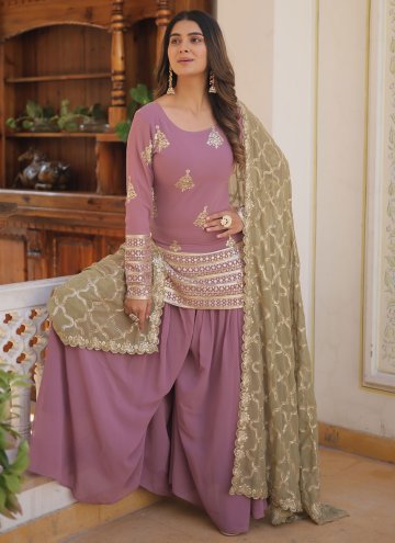 Pink color Faux Georgette Palazzo Suit with Embroidered