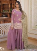Pink color Faux Georgette Palazzo Suit with Embroidered - 2