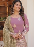 Pink color Faux Georgette Palazzo Suit with Embroidered - 3