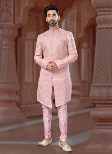 Pink color Jacquard Indo Western Sherwani with Embroidered