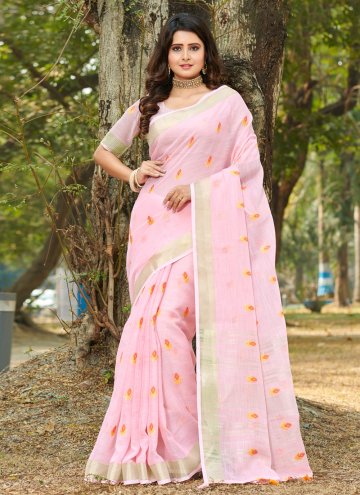 Pink color Linen Casual Saree with Woven