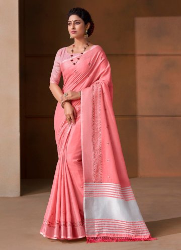 Pink color Linen Classic Designer Saree with Embroidered