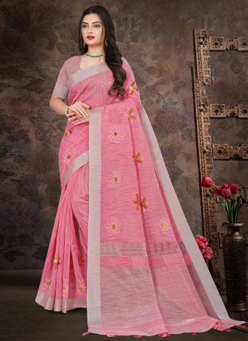 Pink color Linen Contemporary Saree with Embroider