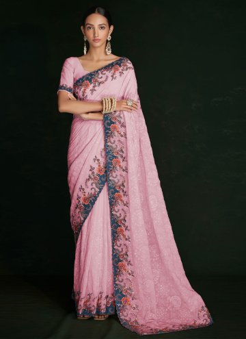 Pink color Lucknowi Work Georgette Designer Saree