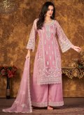 Pink color Net Palazzo Suit with Embroidered - 1