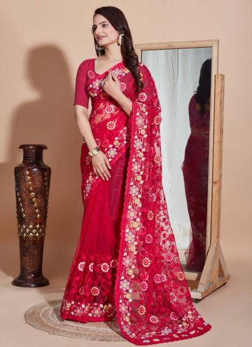 Pink color Net Trendy Saree with Embroidered