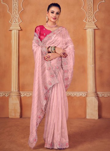 Pink color Organza Contemporary Saree with Embroid