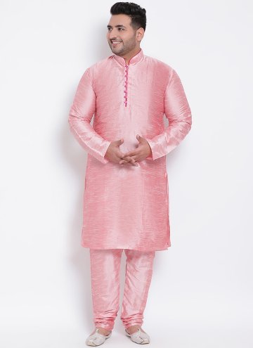 Pink color Plain Work Art Dupion Silk Kurta Pyjama