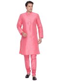 Pink color Plain Work Art Dupion Silk Kurta Pyjama - 1