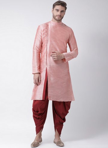 Pink color Plain Work Art Dupion Silk Kurta Pyjama