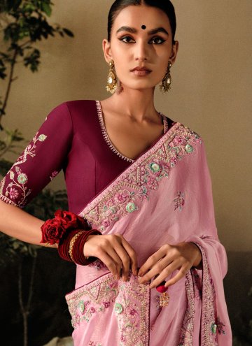 Pink color Silk Classic Designer Saree with Embroidered