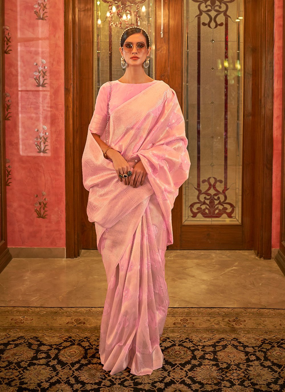 Pink color Silk Traditional Saree with Woven