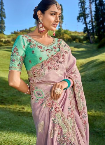 Pink color Viscose Designer Saree with Embroidered