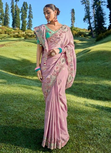 Pink color Viscose Designer Saree with Embroidered