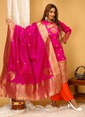 Pink color Woven Art Silk Readymade Designer Salwar Suit - 1