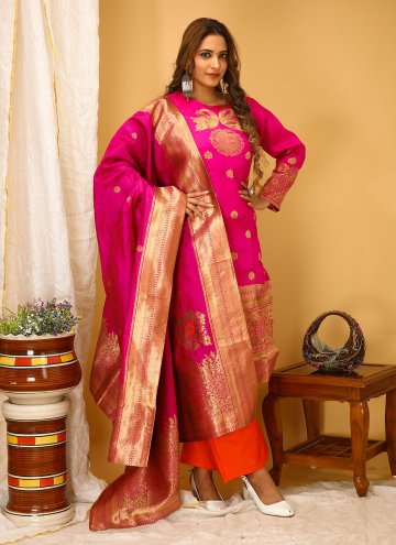 Pink color Woven Art Silk Readymade Designer Salwar Suit