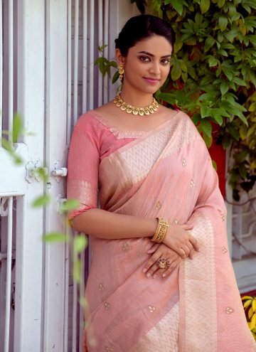 Pink color Woven Linen Classic Designer Saree