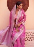 Pink color Woven Linen Contemporary Saree - 1