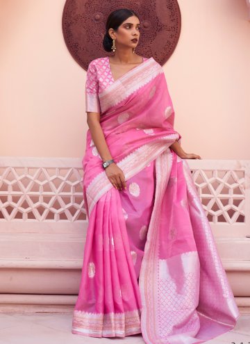 Pink color Woven Linen Contemporary Saree