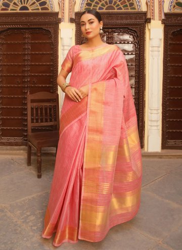 Pink color Woven Linen Trendy Saree