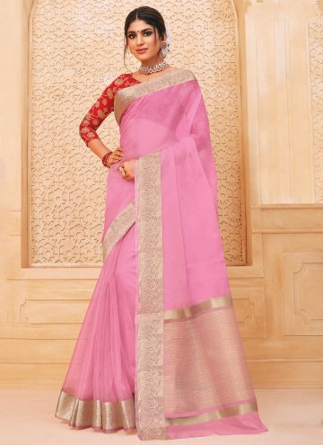 Pink color Woven Organza Casual Saree