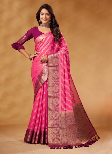 Pink color Woven Pure Georgette Trendy Saree