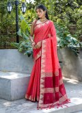 Pink color Woven Raw Silk Trendy Saree - 3