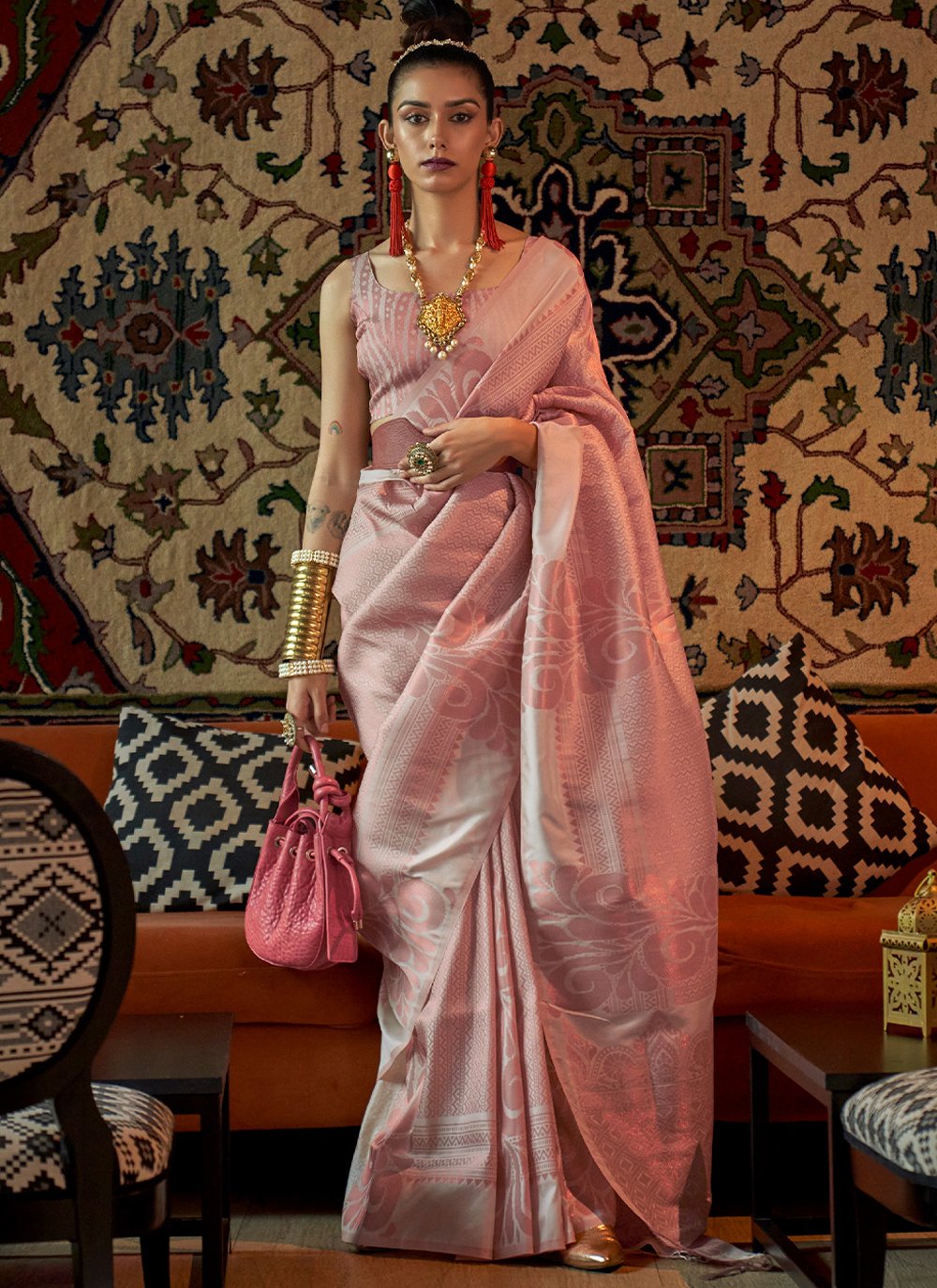 Pink color Woven Silk Classic Designer Saree