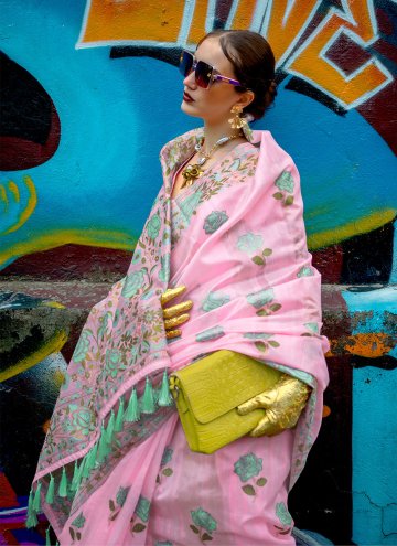 Pink color Woven Silk Contemporary Saree