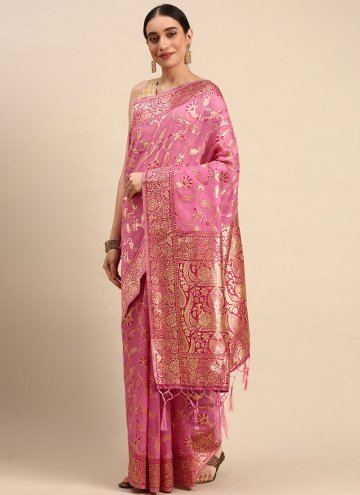 Pink color Woven Soft Cotton Contemporary Saree