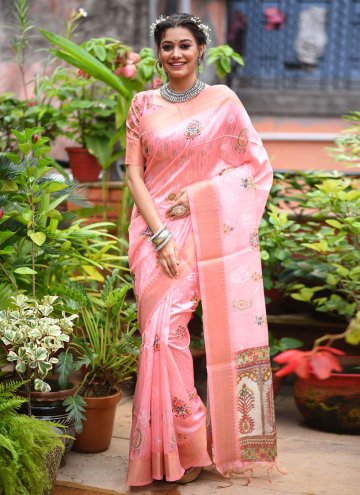 Pink color Woven Tussar Silk Trendy Saree