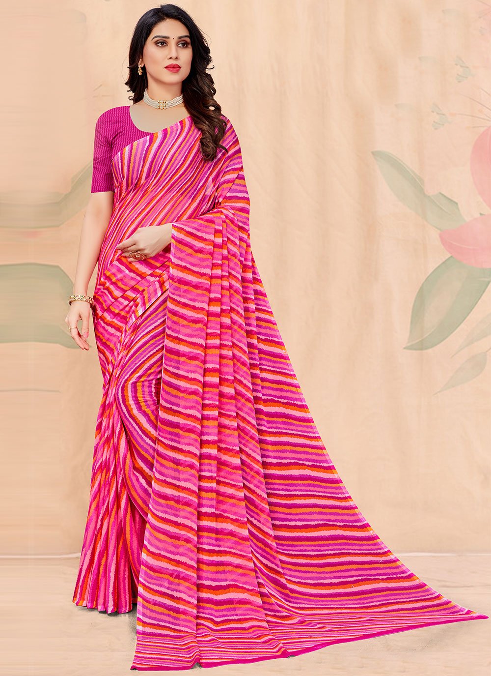 Pink Contemporary Saree in Faux Chiffon with Print