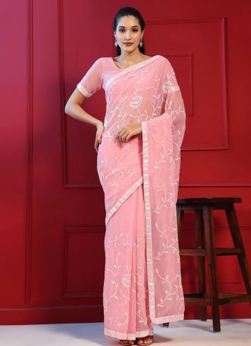 Pink Contemporary Saree in Georgette with Embroide