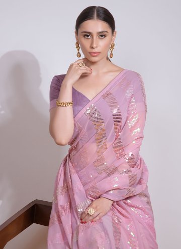 Pink Contemporary Saree in Georgette with Embroidered