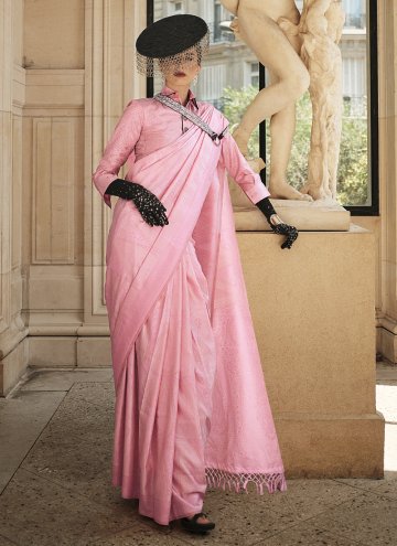 Pink Contemporary Saree in Handloom Silk with Woven