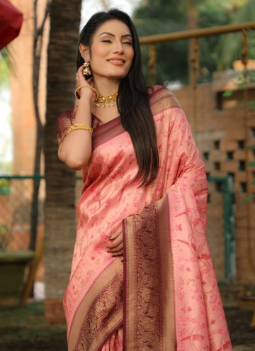Pink Contemporary Saree in Kanjivaram Silk with Woven
