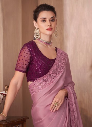 Pink Contemporary Saree in Silk with Embroidered