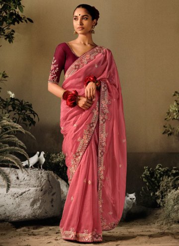 Pink Contemporary Saree in Silk with Embroidered