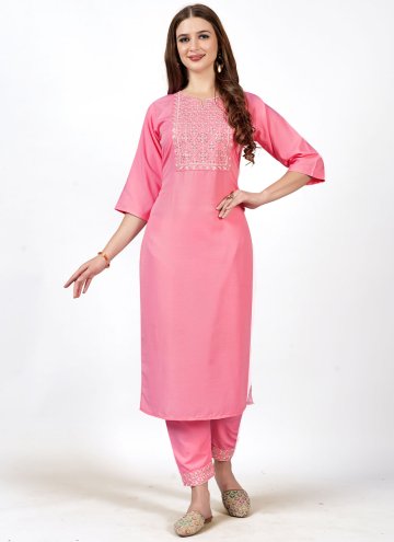 Pink Cotton  Embroidered Casual Kurti for Casual