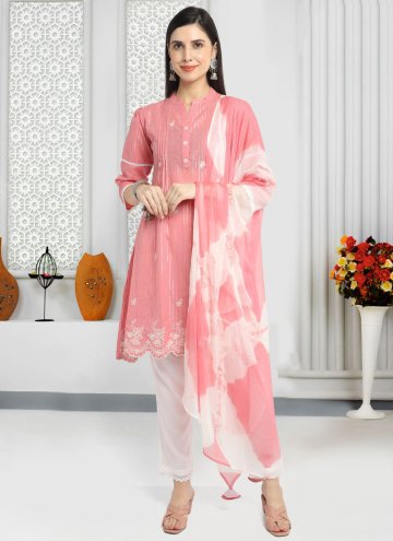 Pink Cotton  Embroidered Pant Style Suit for Casual