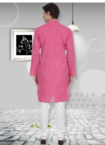Pink Cotton  Plain Work Kurta Pyjama