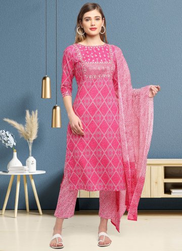 Pink Cotton  Printed Pant Style Suit for Casual