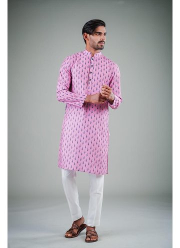 Pink Cotton Satin Printed Kurta Pyjama for Ceremonial