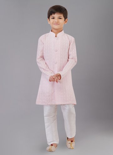 Pink Cotton Silk Embroidered Kurta Pyjama for Engagement